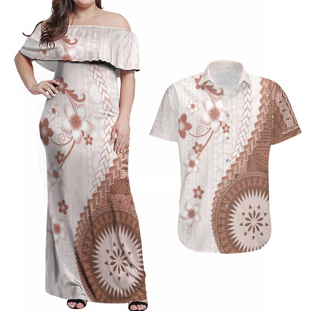 Bula Fiji Couples Matching Off Shoulder Maxi Dress and Hawaiian Shirt Brown Plumeria Masi Tapa Pattern - Polynesian Pride