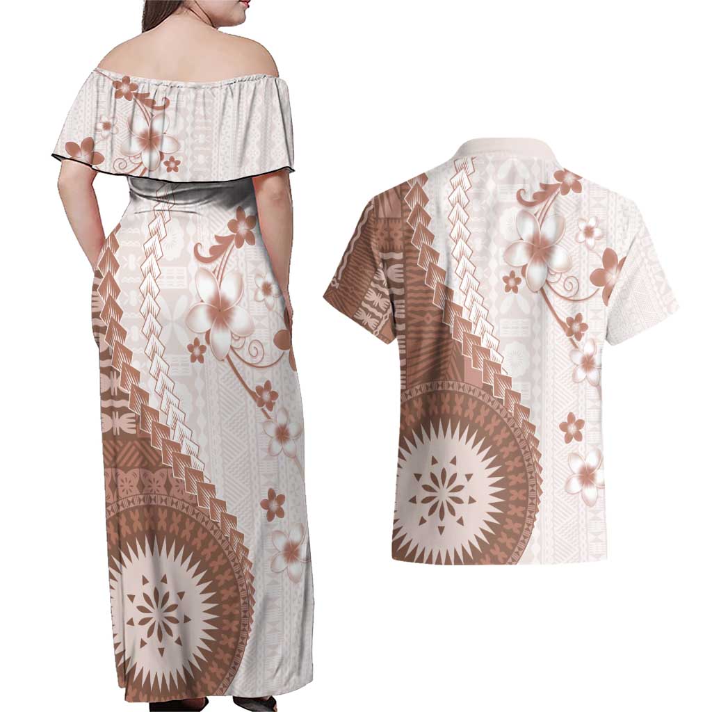 Bula Fiji Couples Matching Off Shoulder Maxi Dress and Hawaiian Shirt Brown Plumeria Masi Tapa Pattern - Polynesian Pride