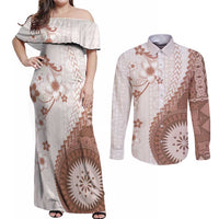Bula Fiji Couples Matching Off Shoulder Maxi Dress and Long Sleeve Button Shirt Brown Plumeria Masi Tapa Pattern - Polynesian Pride
