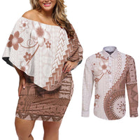 Bula Fiji Couples Matching Off Shoulder Short Dress and Long Sleeve Button Shirt Brown Plumeria Masi Tapa Pattern - Polynesian Pride