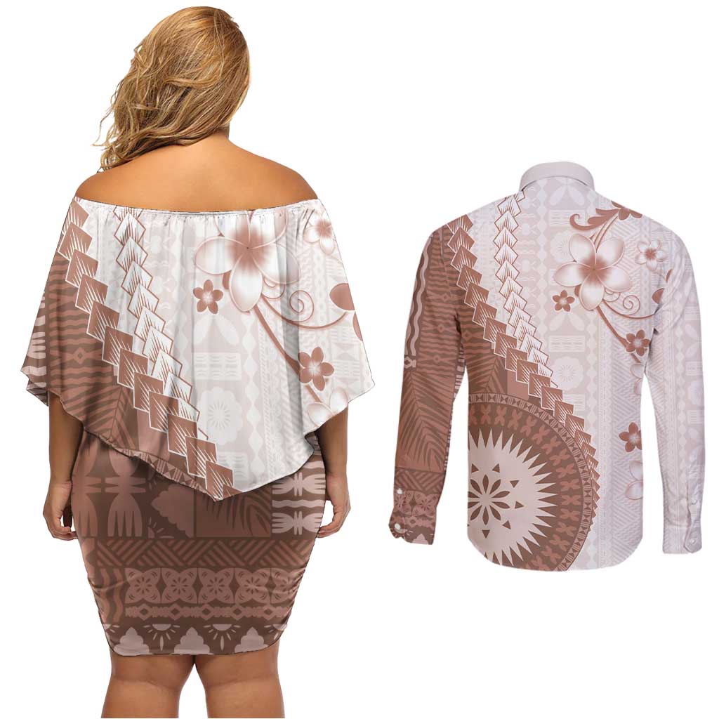 Bula Fiji Couples Matching Off Shoulder Short Dress and Long Sleeve Button Shirt Brown Plumeria Masi Tapa Pattern - Polynesian Pride