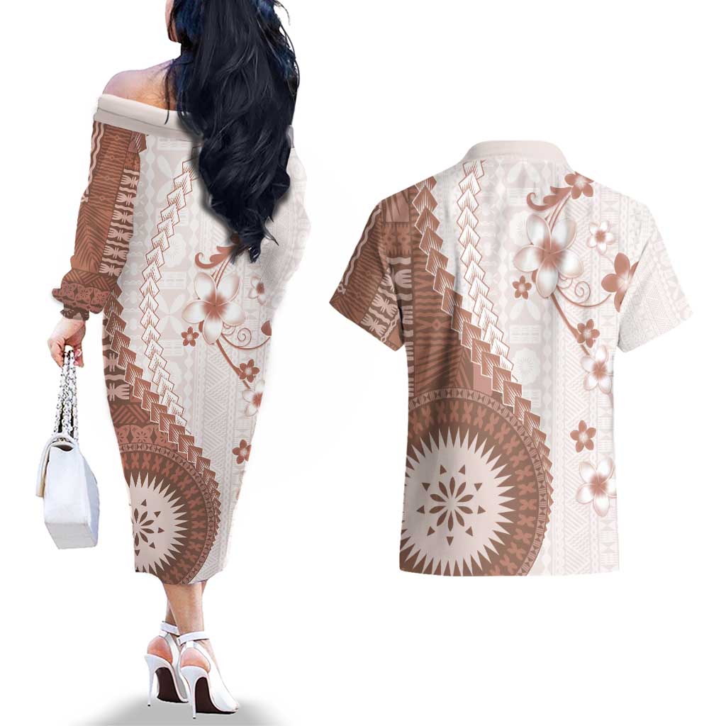 Bula Fiji Couples Matching Off The Shoulder Long Sleeve Dress and Hawaiian Shirt Brown Plumeria Masi Tapa Pattern - Polynesian Pride