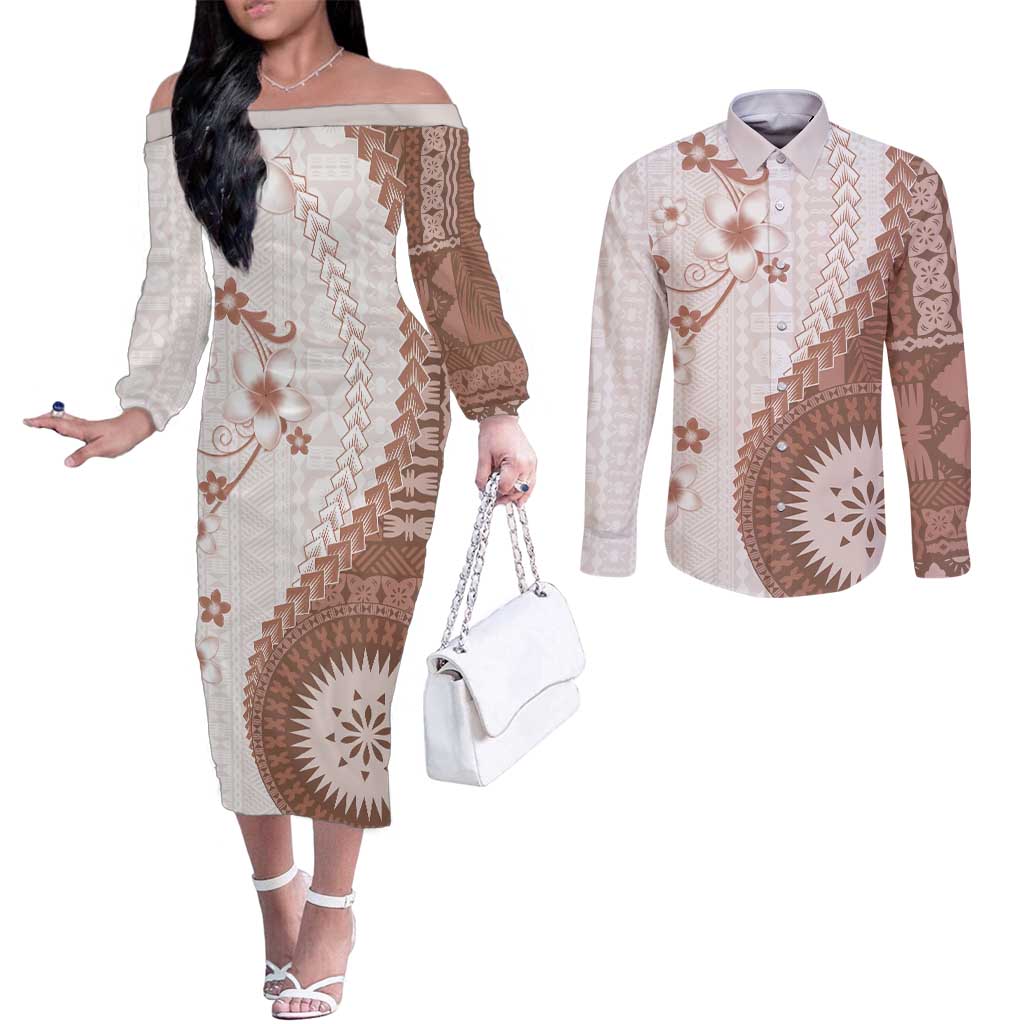 Bula Fiji Couples Matching Off The Shoulder Long Sleeve Dress and Long Sleeve Button Shirt Brown Plumeria Masi Tapa Pattern - Polynesian Pride