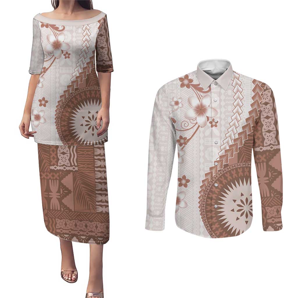 Bula Fiji Couples Matching Puletasi and Long Sleeve Button Shirt Brown Plumeria Masi Tapa Pattern - Polynesian Pride