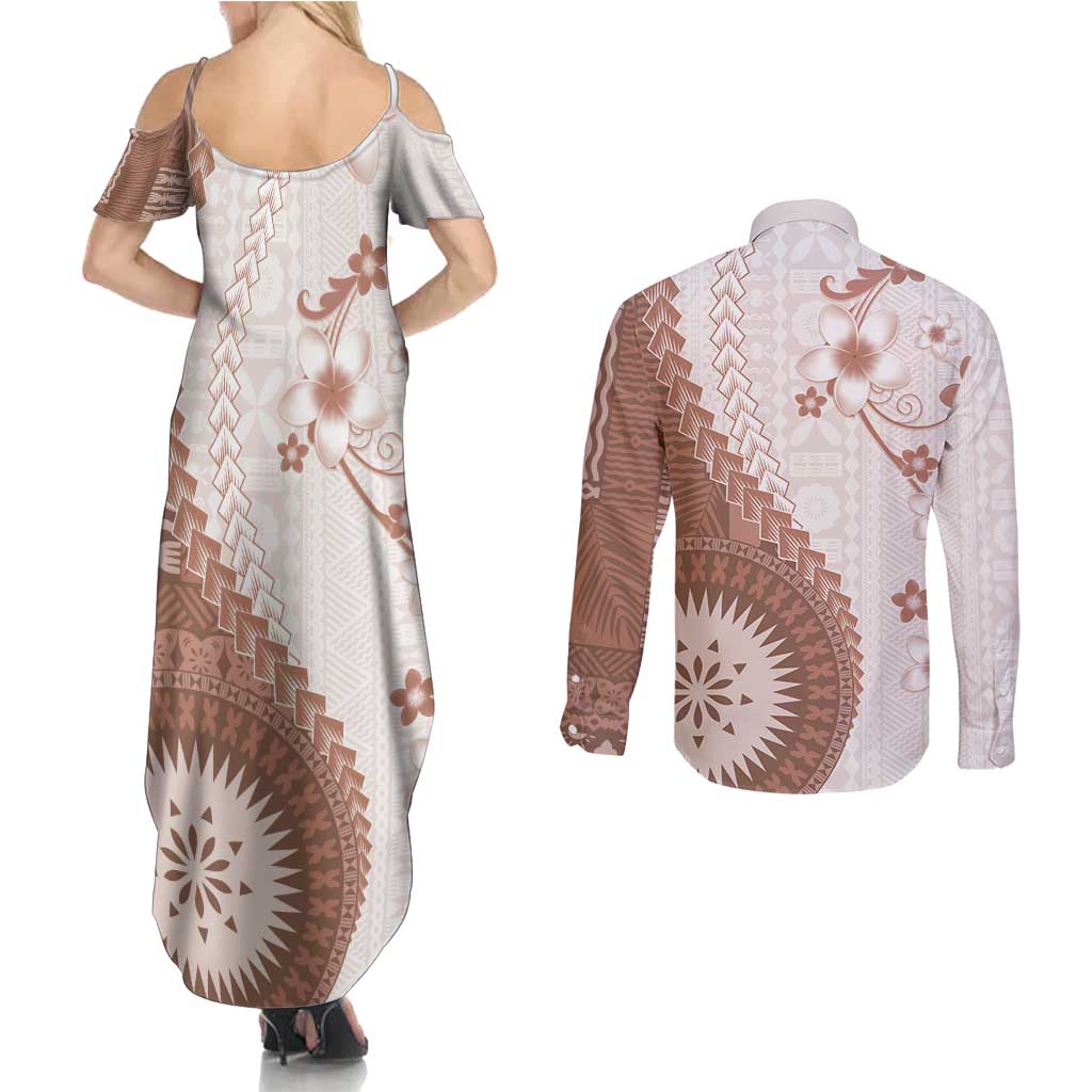 Bula Fiji Couples Matching Summer Maxi Dress and Long Sleeve Button Shirt Brown Plumeria Masi Tapa Pattern - Polynesian Pride