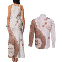 Bula Fiji Couples Matching Tank Maxi Dress and Long Sleeve Button Shirt Brown Plumeria Masi Tapa Pattern - Polynesian Pride