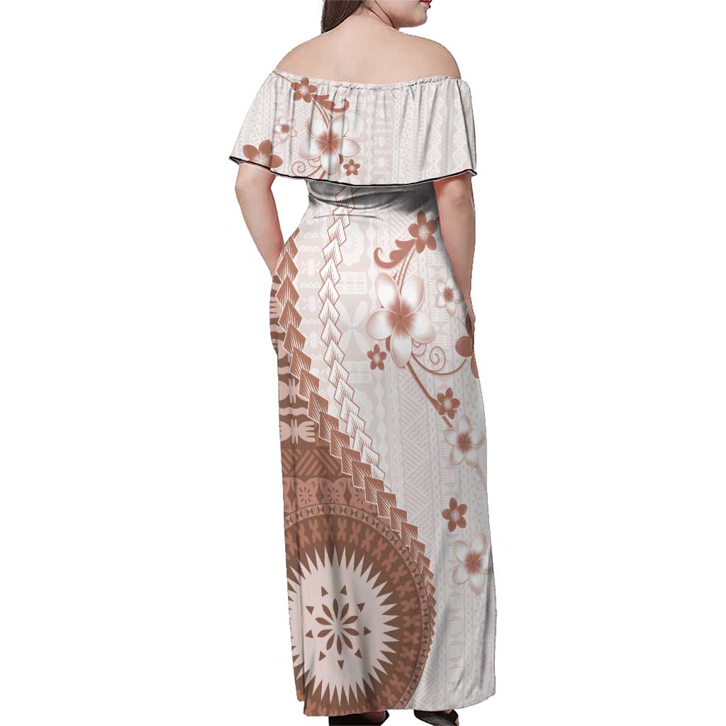 Bula Fiji Family Matching Off Shoulder Maxi Dress and Hawaiian Shirt Brown Plumeria Masi Tapa Pattern - Polynesian Pride