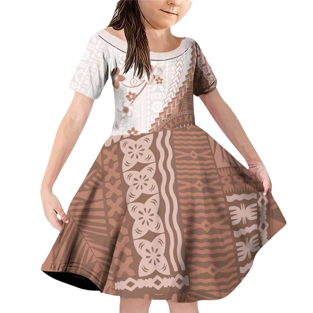 Bula Fiji Family Matching Off Shoulder Short Dress and Hawaiian Shirt Brown Plumeria Masi Tapa Pattern - Polynesian Pride
