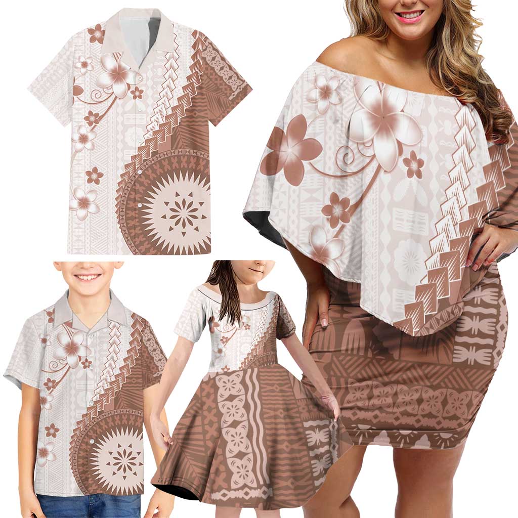 Bula Fiji Family Matching Off Shoulder Short Dress and Hawaiian Shirt Brown Plumeria Masi Tapa Pattern - Polynesian Pride
