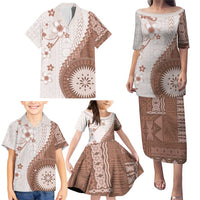 Bula Fiji Family Matching Puletasi and Hawaiian Shirt Brown Plumeria Masi Tapa Pattern LT05 - Polynesian Pride