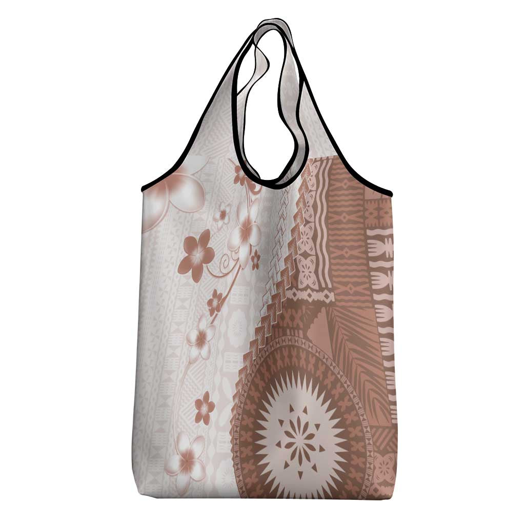 Bula Fiji Grocery Bag Brown Plumeria Masi Tapa Pattern - Polynesian Pride