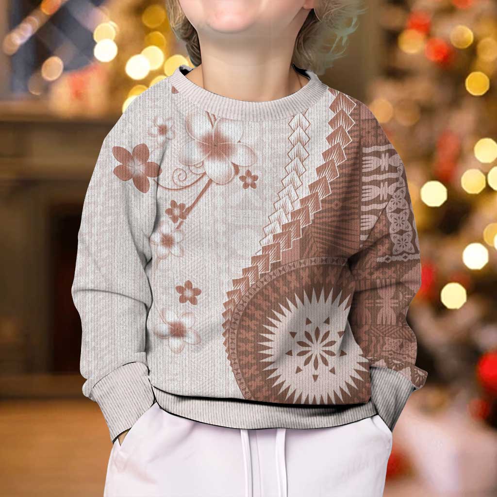 Bula Fiji Kid Ugly Christmas Sweater Brown Plumeria Masi Tapa Pattern - Polynesian Pride
