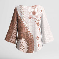 Bula Fiji Kimono Sleeve Blouse Brown Plumeria Masi Tapa Pattern - Polynesian Pride