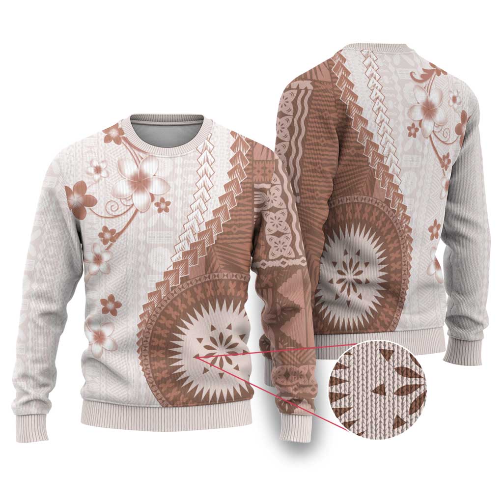Bula Fiji Ugly Christmas Sweater Brown Plumeria Masi Tapa Pattern LT05 Brown - Polynesian Pride