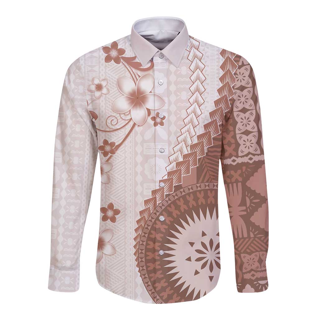 Bula Fiji Long Sleeve Button Shirt Brown Plumeria Masi Tapa Pattern - Polynesian Pride