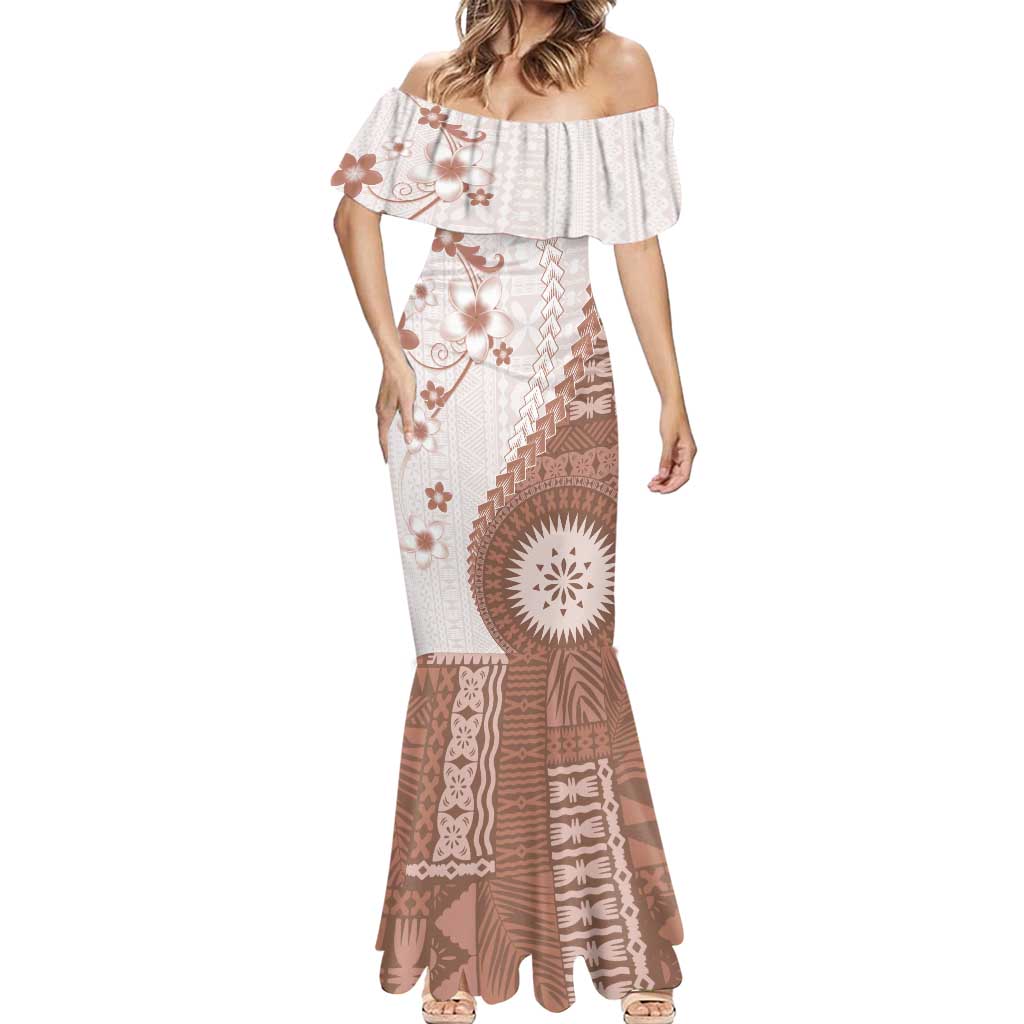 Bula Fiji Mermaid Dress Brown Plumeria Masi Tapa Pattern - Polynesian Pride