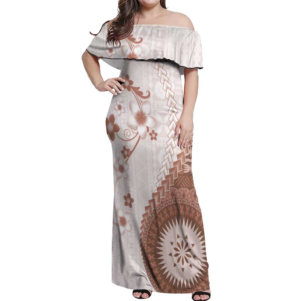 Bula Fiji Off Shoulder Maxi Dress Brown Plumeria Masi Tapa Pattern LT05 Women Brown - Polynesian Pride