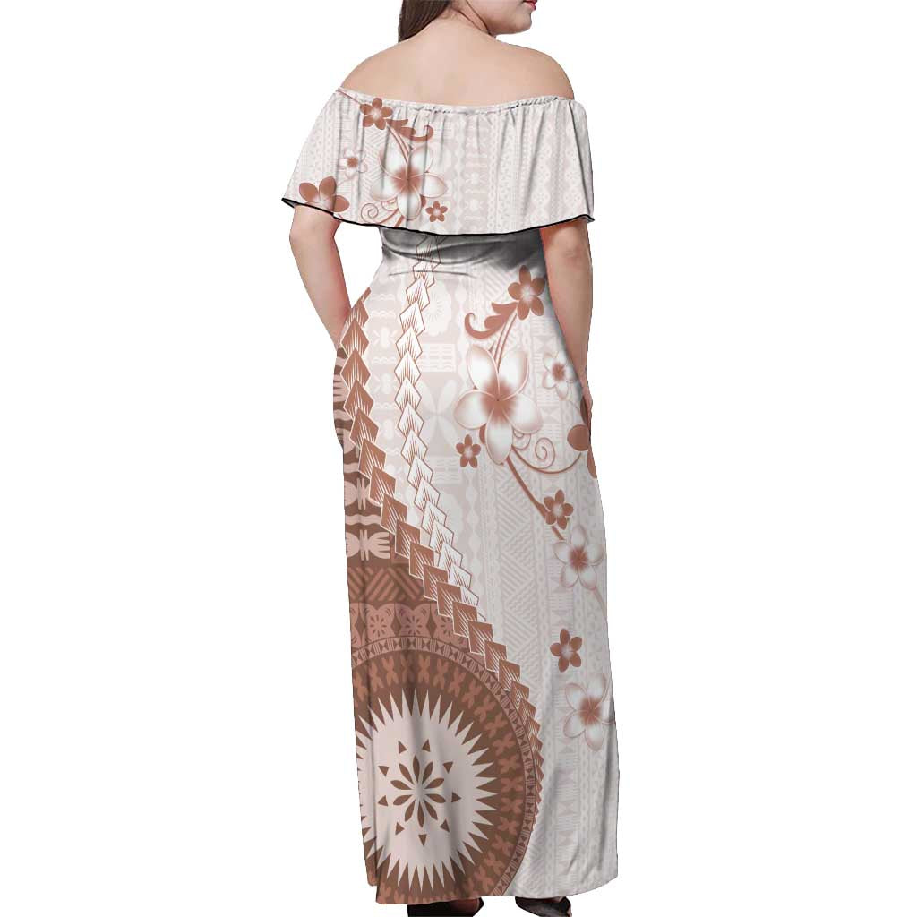 Bula Fiji Off Shoulder Maxi Dress Brown Plumeria Masi Tapa Pattern LT05 - Polynesian Pride