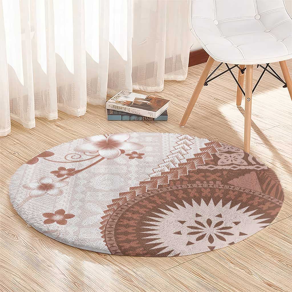 Bula Fiji Round Carpet Brown Plumeria Masi Tapa Pattern LT05 - Polynesian Pride
