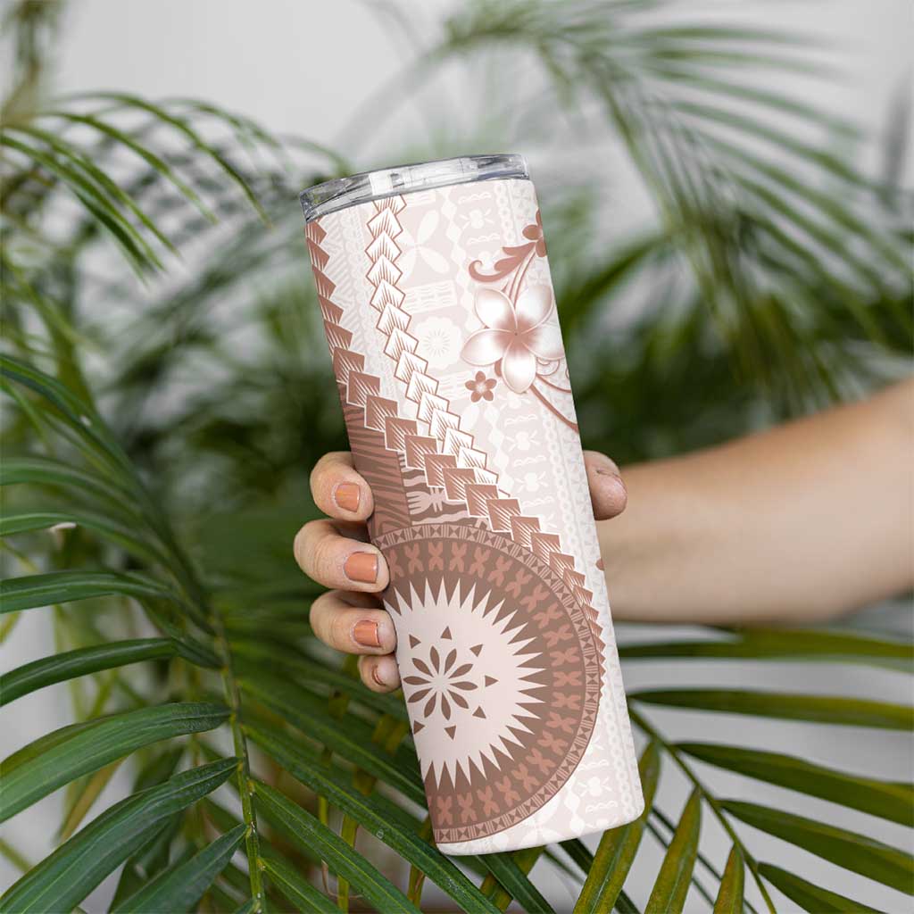Bula Fiji Skinny Tumbler Brown Plumeria Masi Tapa Pattern - Polynesian Pride
