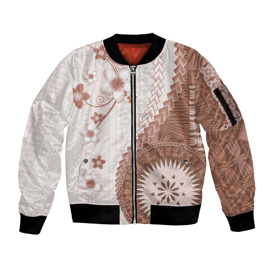 Bula Fiji Sleeve Zip Bomber Jacket Brown Plumeria Masi Tapa Pattern LT05 Unisex Brown - Polynesian Pride