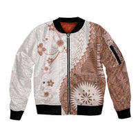 Bula Fiji Sleeve Zip Bomber Jacket Brown Plumeria Masi Tapa Pattern LT05 Unisex Brown - Polynesian Pride