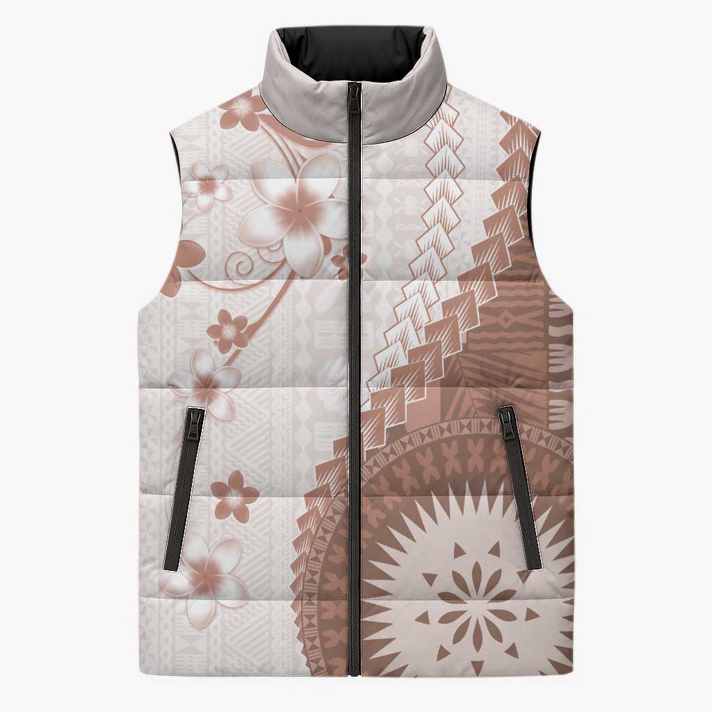 Bula Fiji Sleeveless Puffer Jacket Brown Plumeria Masi Tapa Pattern - Polynesian Pride
