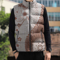 Bula Fiji Sleeveless Puffer Jacket Brown Plumeria Masi Tapa Pattern - Polynesian Pride