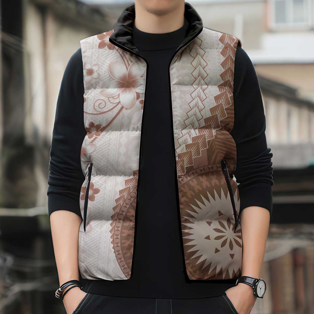 Bula Fiji Sleeveless Puffer Jacket Brown Plumeria Masi Tapa Pattern - Polynesian Pride