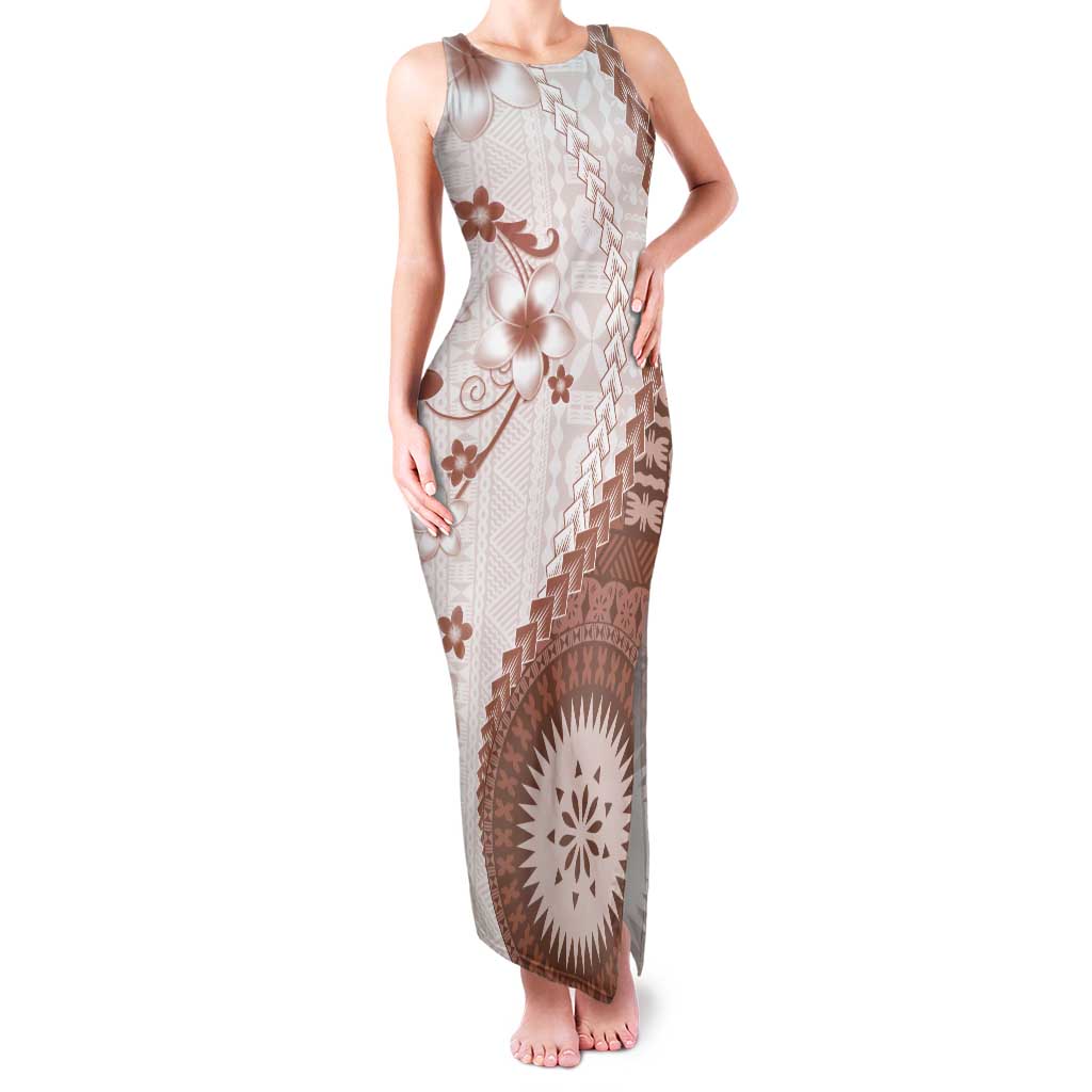 Bula Fiji Tank Maxi Dress Brown Plumeria Masi Tapa Pattern - Polynesian Pride
