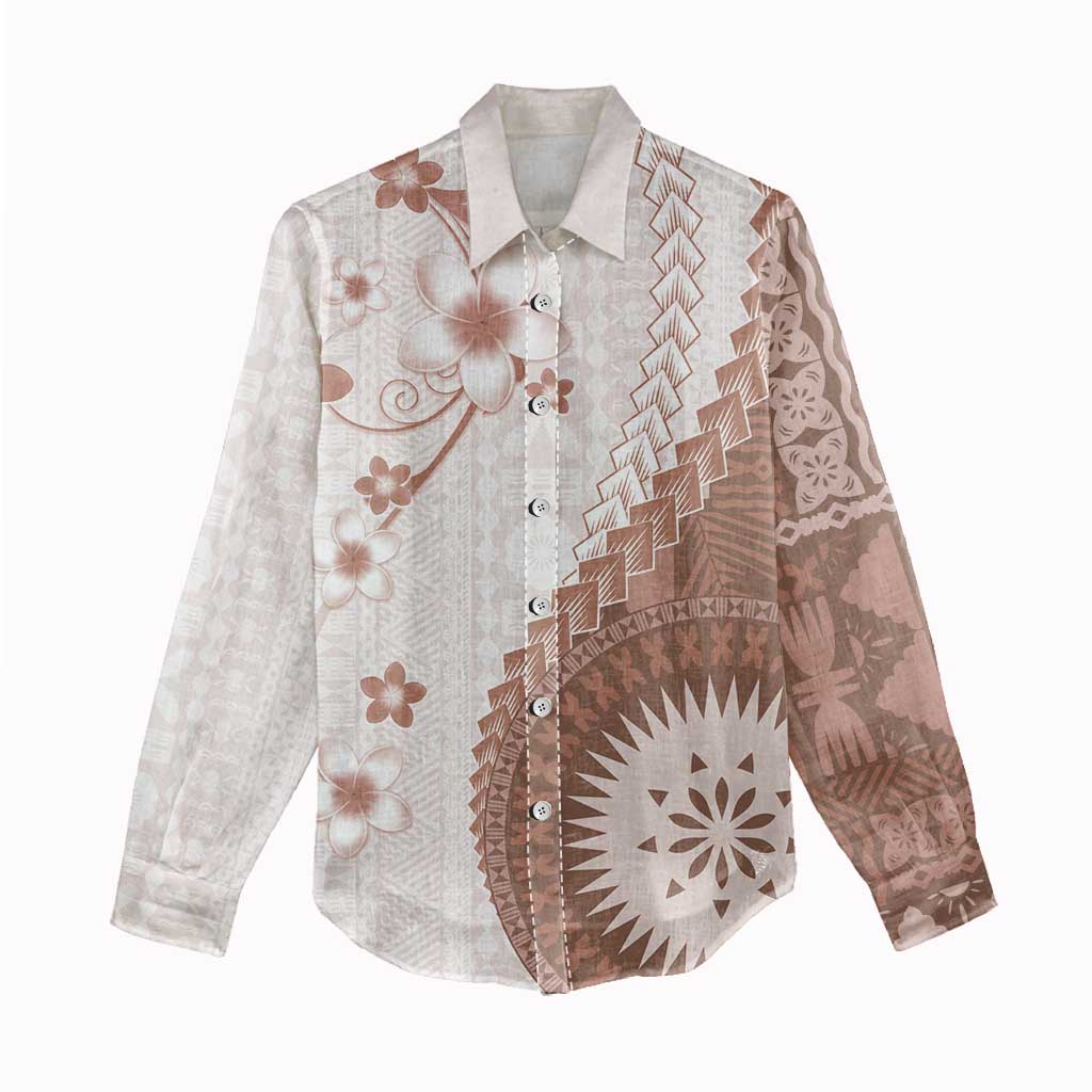 Bula Fiji Women Casual Shirt Brown Plumeria Masi Tapa Pattern - Polynesian Pride