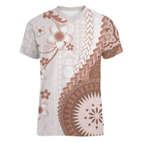 Bula Fiji Women V-Neck T-Shirt Brown Plumeria Masi Tapa Pattern - Polynesian Pride