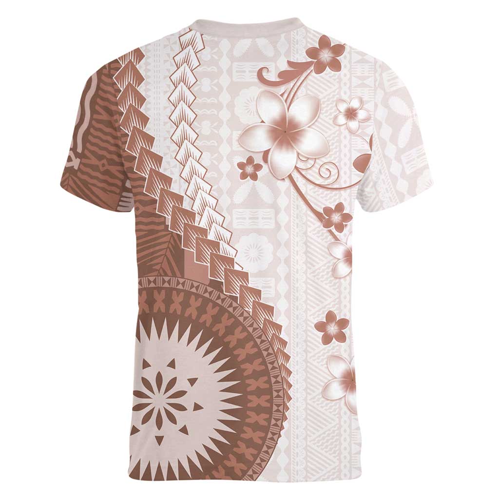 Bula Fiji Women V-Neck T-Shirt Brown Plumeria Masi Tapa Pattern - Polynesian Pride