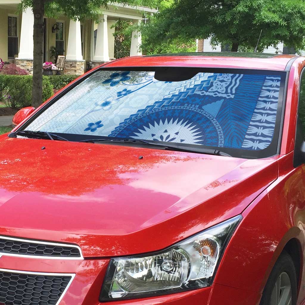 Bula Fiji Auto Sun Shade Blue Plumeria Masi Tapa Pattern LT05 - Polynesian Pride