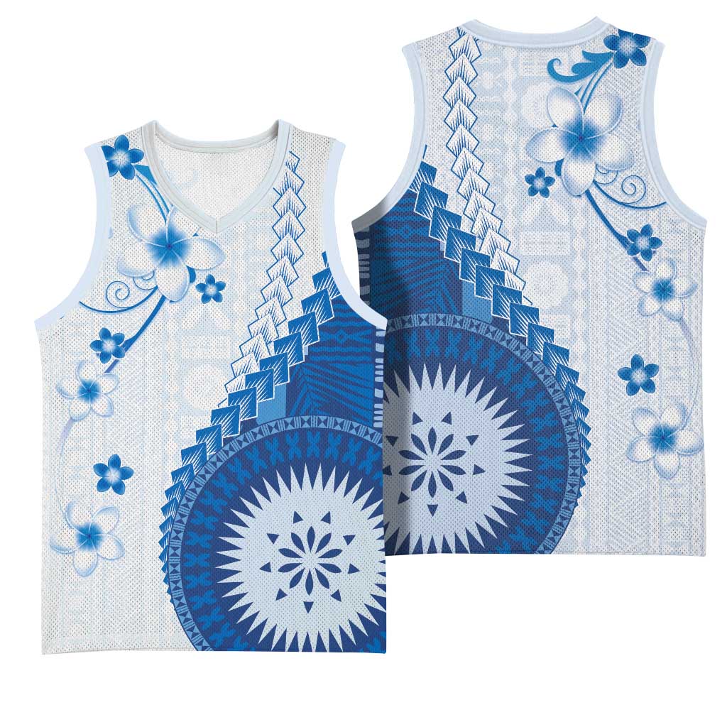 Bula Fiji Basketball Jersey Blue Plumeria Masi Tapa Pattern LT05 - Polynesian Pride