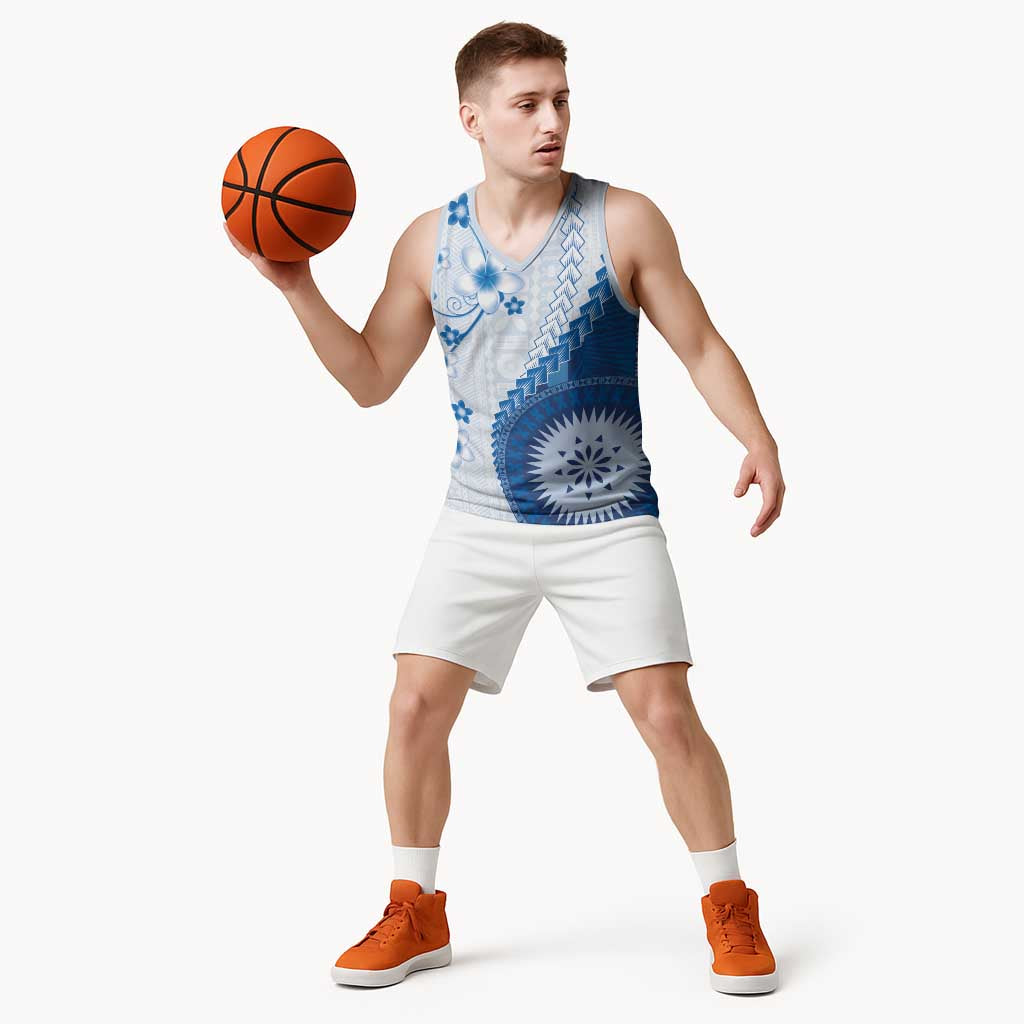 Bula Fiji Basketball Jersey Blue Plumeria Masi Tapa Pattern LT05 - Polynesian Pride