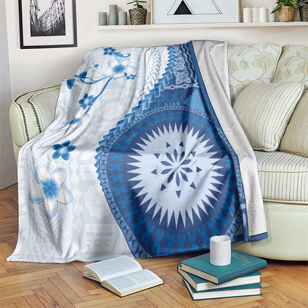 Bula Fiji Blanket Blue Plumeria Masi Tapa Pattern LT05 Blue - Polynesian Pride