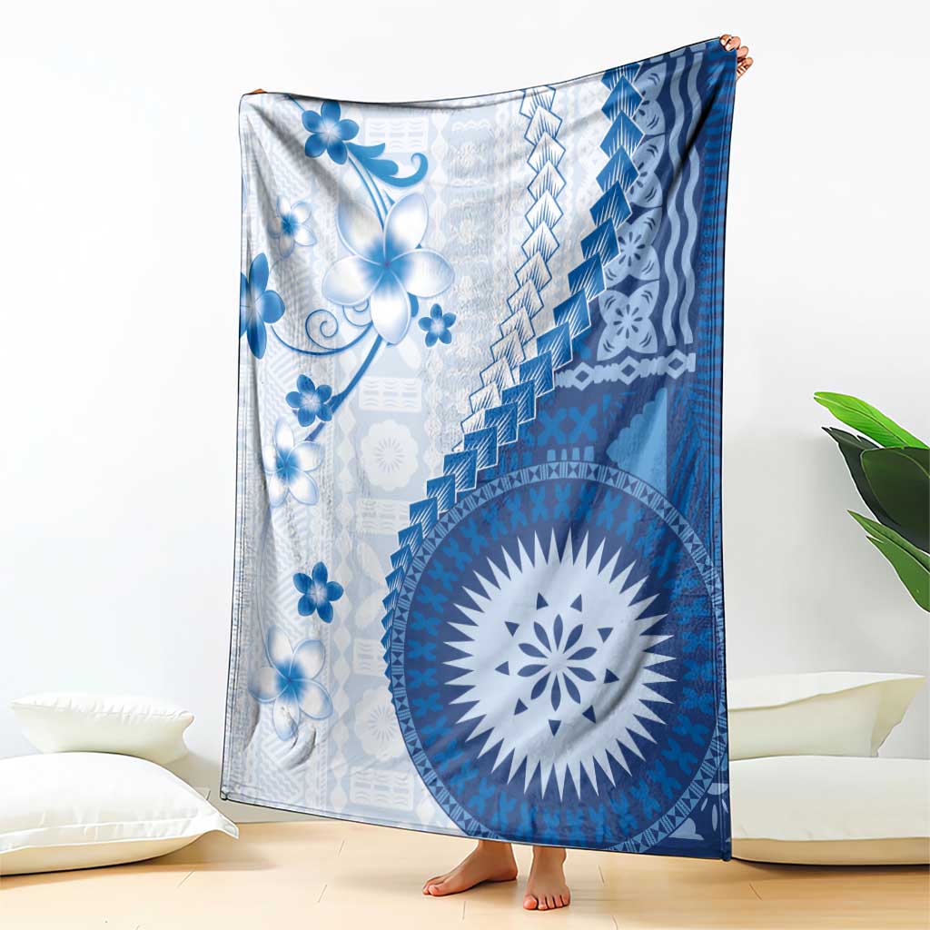 Bula Fiji Blanket Blue Plumeria Masi Tapa Pattern LT05 - Polynesian Pride
