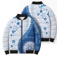 Bula Fiji Bomber Puffer Jacket Blue Plumeria Masi Tapa Pattern LT05 - Polynesian Pride