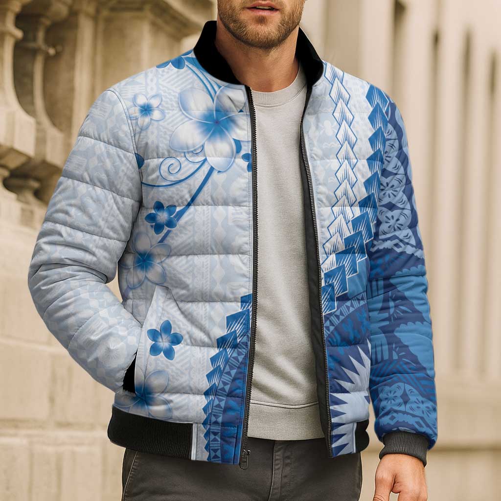 Bula Fiji Bomber Puffer Jacket Blue Plumeria Masi Tapa Pattern LT05 - Polynesian Pride