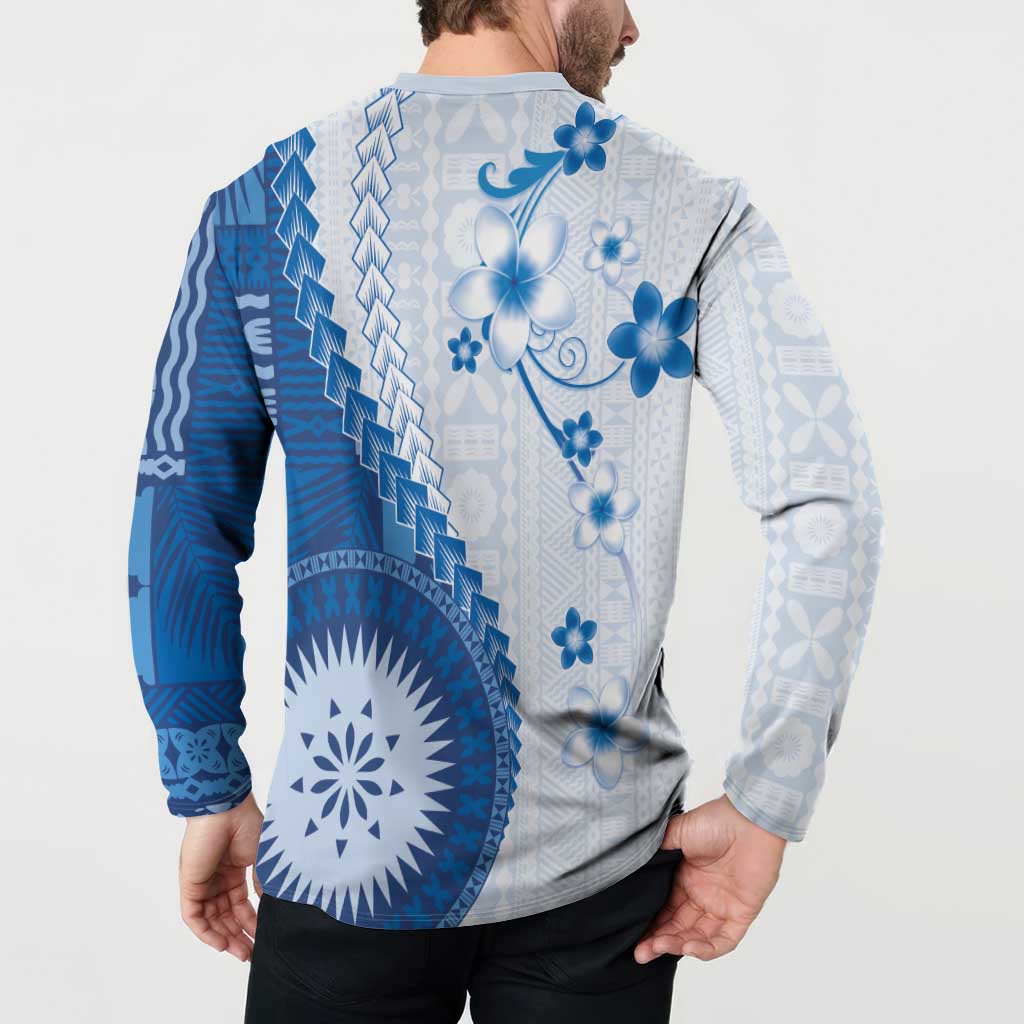 Bula Fiji Button Sweatshirt Blue Plumeria Masi Tapa Pattern - Polynesian Pride