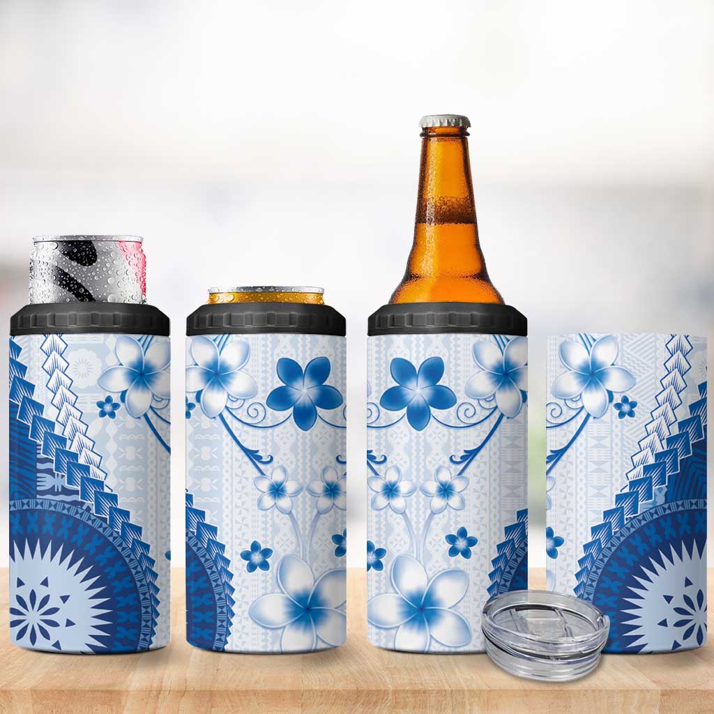 Bula Fiji 4 in 1 Can Cooler Tumbler Blue Plumeria Masi Tapa Pattern LT05 - Polynesian Pride