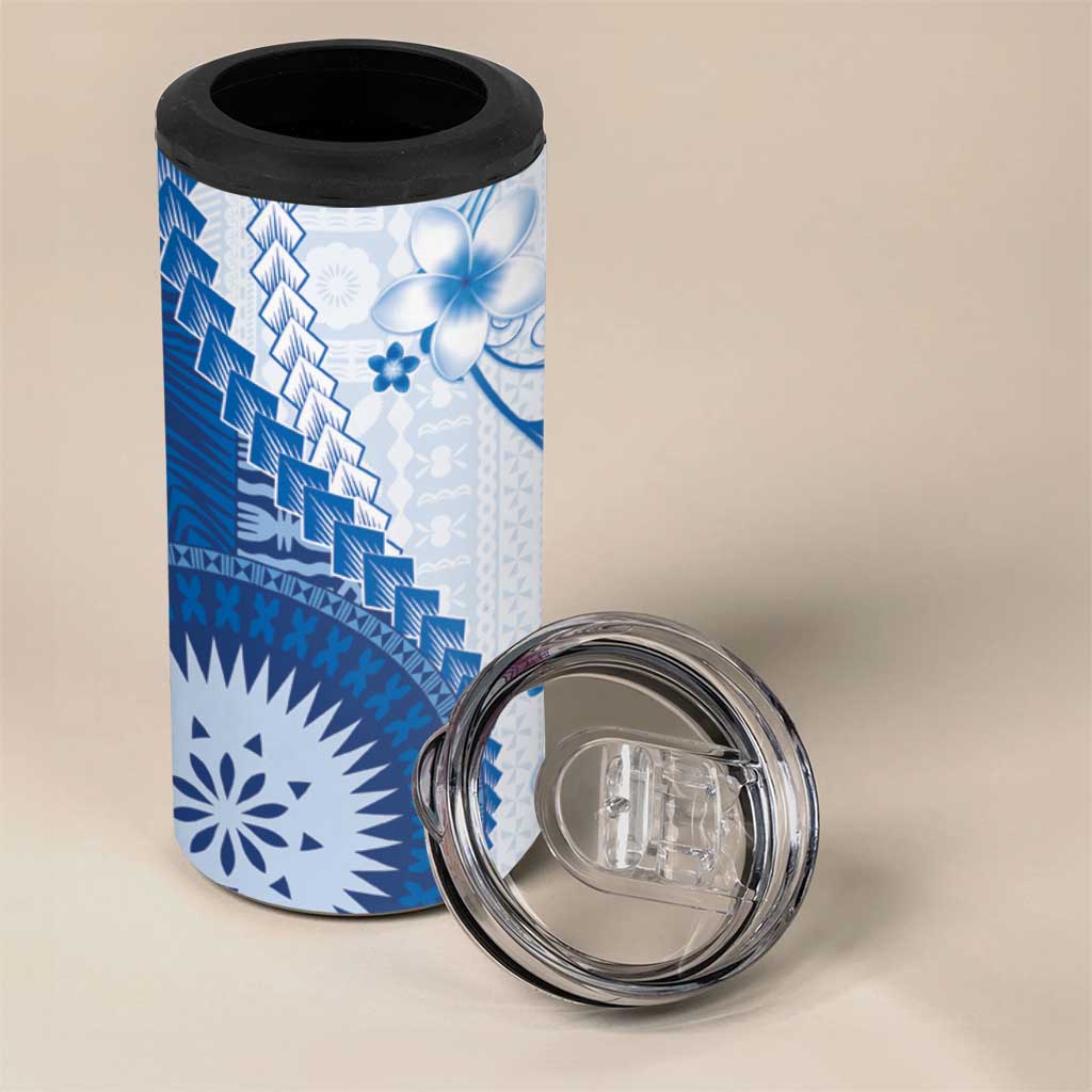 Bula Fiji 4 in 1 Can Cooler Tumbler Blue Plumeria Masi Tapa Pattern LT05 - Polynesian Pride
