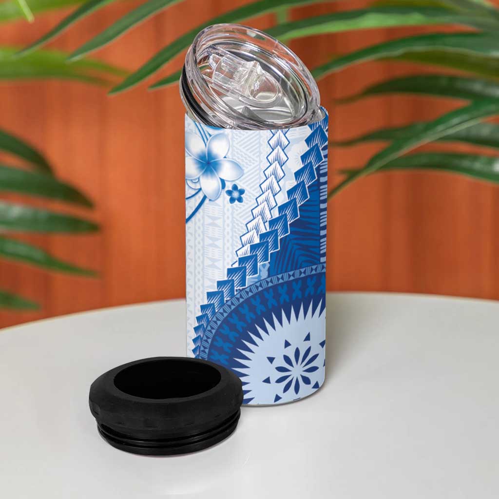 Bula Fiji 4 in 1 Can Cooler Tumbler Blue Plumeria Masi Tapa Pattern LT05 - Polynesian Pride