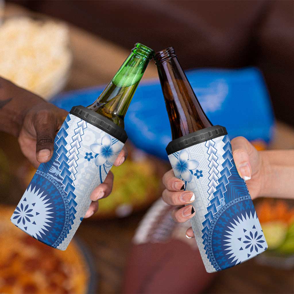 Bula Fiji 4 in 1 Can Cooler Tumbler Blue Plumeria Masi Tapa Pattern LT05 - Polynesian Pride
