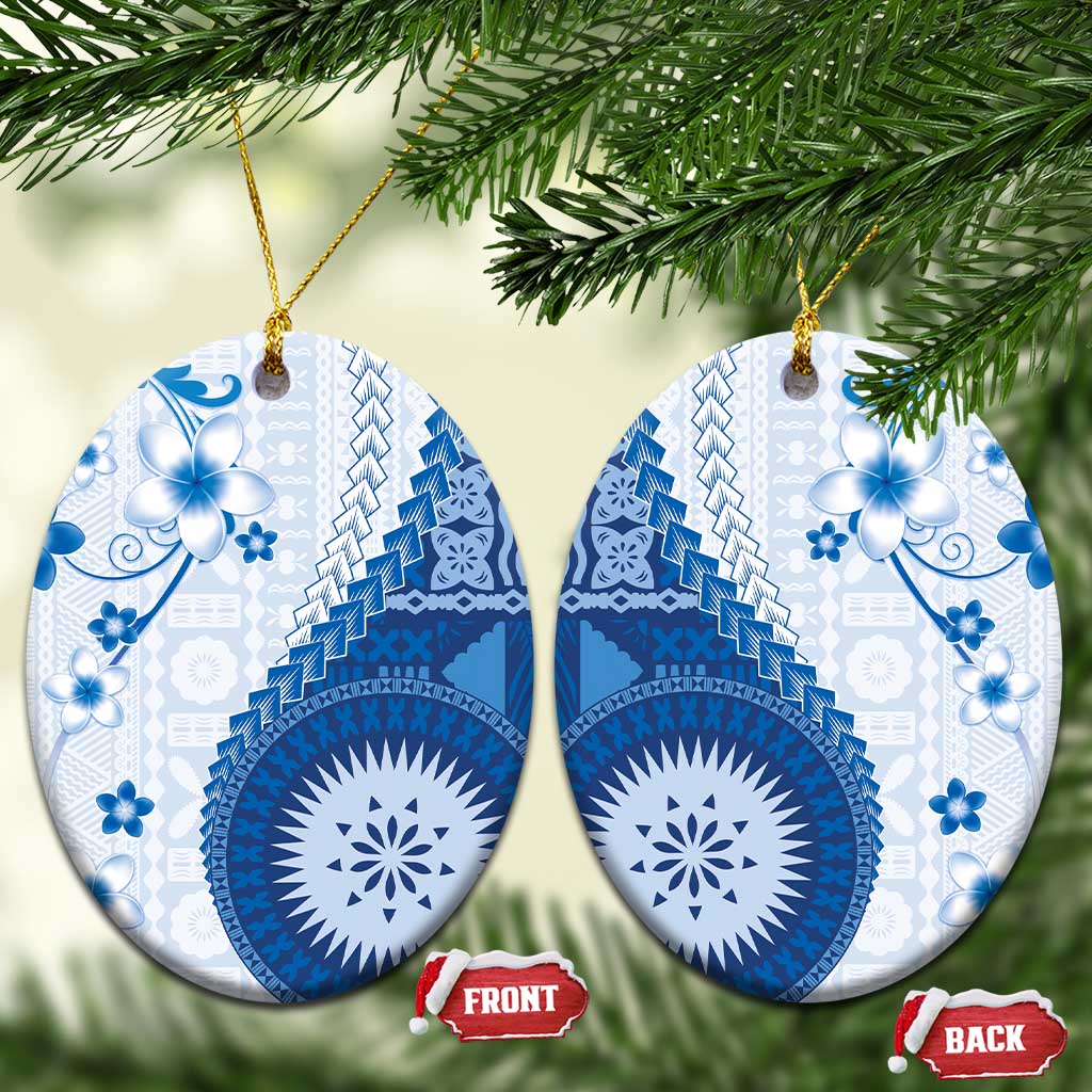 Bula Fiji Ceramic Ornament Blue Plumeria Masi Tapa Pattern LT05 Oval Blue - Polynesian Pride