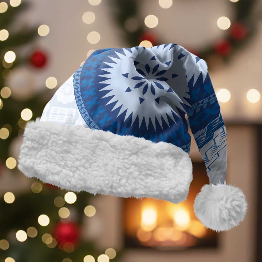 Bula Fiji Christmas Santa Hat Blue Plumeria Masi Tapa Pattern LT05 With Fur Blue - Polynesian Pride