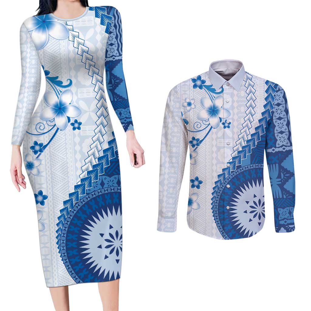 Bula Fiji Couples Matching Long Sleeve Bodycon Dress and Long Sleeve Button Shirt Blue Plumeria Masi Tapa Pattern - Polynesian Pride