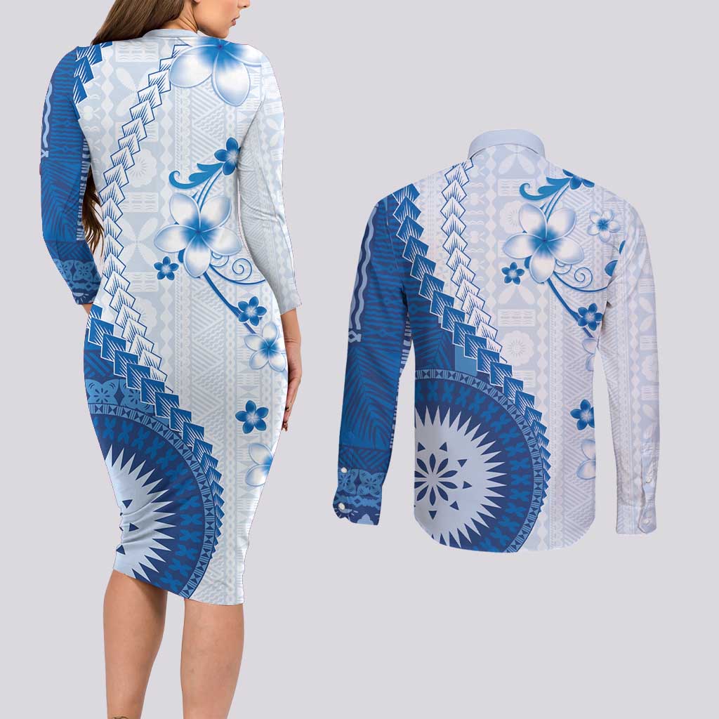 Bula Fiji Couples Matching Long Sleeve Bodycon Dress and Long Sleeve Button Shirt Blue Plumeria Masi Tapa Pattern - Polynesian Pride