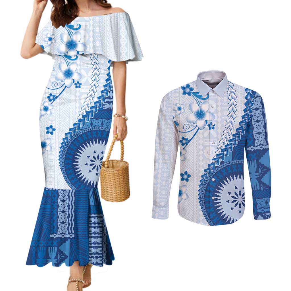 Bula Fiji Couples Matching Mermaid Dress and Long Sleeve Button Shirt Blue Plumeria Masi Tapa Pattern - Polynesian Pride